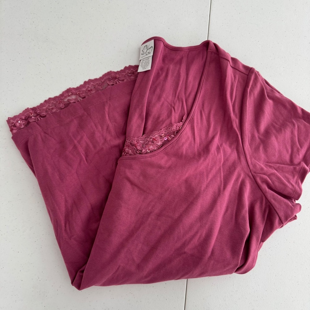 Cottagecore Lace Trim Sequin V-Neck Top Womens 26/28W Pink Short Sleeve Tee